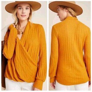 Anthropologie Maeve Rafela Hacci Surplice Top Brown Women's Size 1X Puff Sleeve